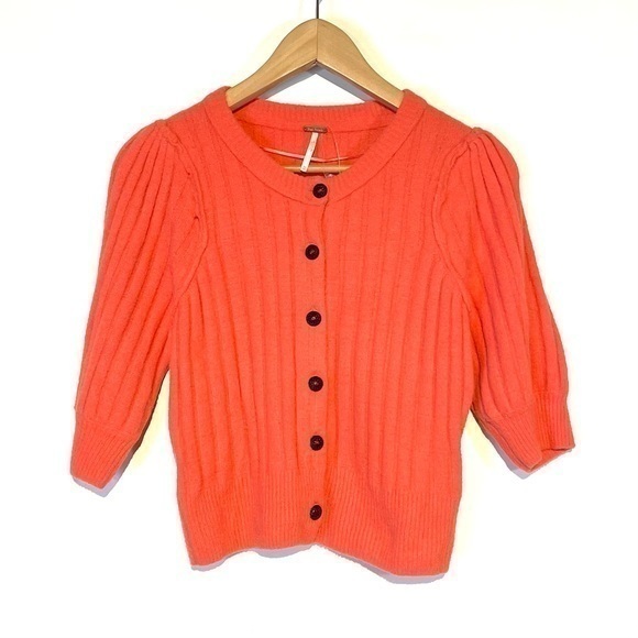 Free People Sweater Orange Cardigan 3/4 sleeve New without Tags xs - Picture 1 of 8